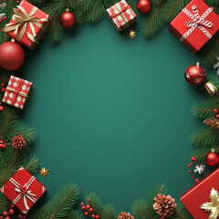 Green background with Christmas decorations and gifts on the edges, empty space in the center for text