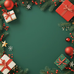 Green background with Christmas decorations and gifts on the edges, empty space in the center for text