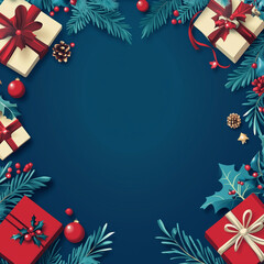 Blue background with Christmas decorations and gifts on the edges, empty space in the center for text
