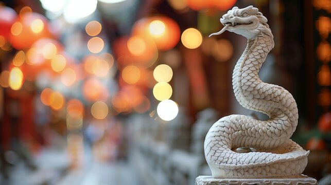 Celebrating the chinese new year  snake statue and lanterns with a blurred background for copy space