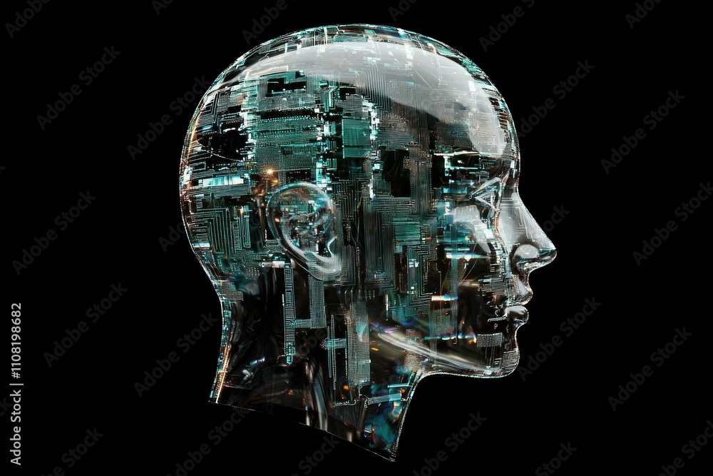 Poster futuristic robot head silhouette with translucent features showcasing intricate electronic circuits.