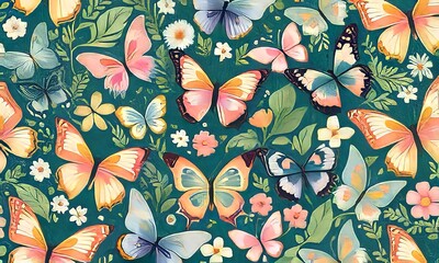 Fototapeta premium Brightly colored butterflies perched on delicate blossoms, evoking a sense of tranquility and beauty. Perfect for greeting cards, nature-themed decor, digital designs, print, wallpapers.