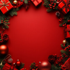 Red background with Christmas decorations and gifts on the edges, empty space in the center for text