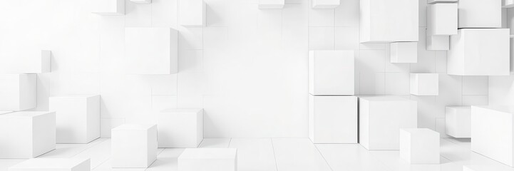 Obraz premium Randomly scattered white cube boxes create a modern and minimalist block background, perfect for a banner or wallpaper, abstract, geometric, design