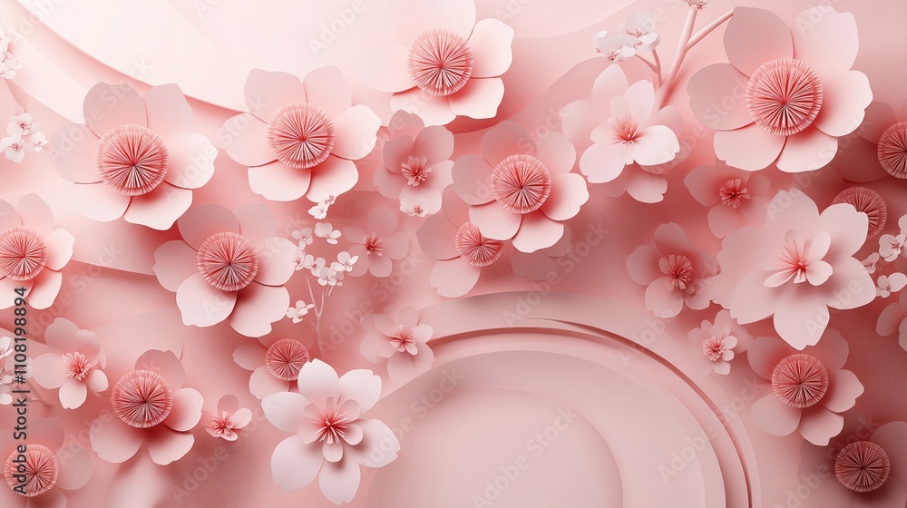 Poster pink paper flowers arranged beautifully against soft light background create serene inviting floral 