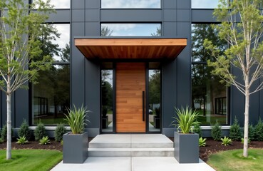 Modern home entrance with elegant design. Wooden front door framed by large windows. Minimalist...