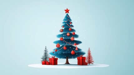 Fototapeta premium Festive Christmas Tree Decorated with Ornaments and Surrounded by Colorful Gifts on a Light Blue Background