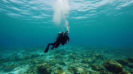 Diver explores vibrant coral reef in clear blue waters during an underwater adventure