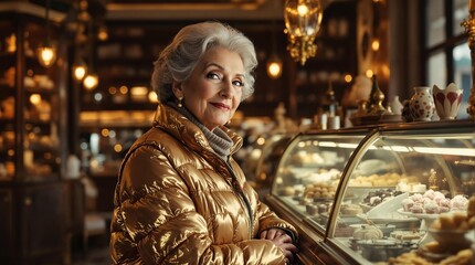 Obraz premium Elegant senior woman enjoying a luxurious bakery visit in chic winter fashion