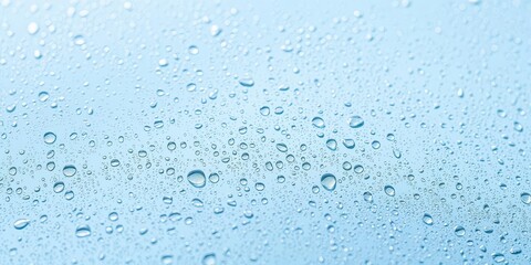 Water droplets glistening on a smooth blue background, abstract, close-up, liquid