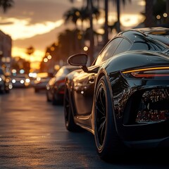 Sunset drive with luxury sports car urban street night photography vibrant cityscape dynamic view adventure concept