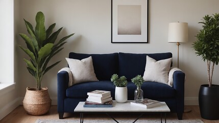A modern living room with a light blue sofa against a soft colour wall featuring vertical poster frames in wooden frame borders 3d illustration template.