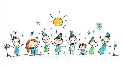 Fototapeta premium Cheerful Hand-Drawn Winter Scene with Happy Kids Celebrating the Season Under the Bright Sun Surrounded by Snowflakes and Smiling Expressions