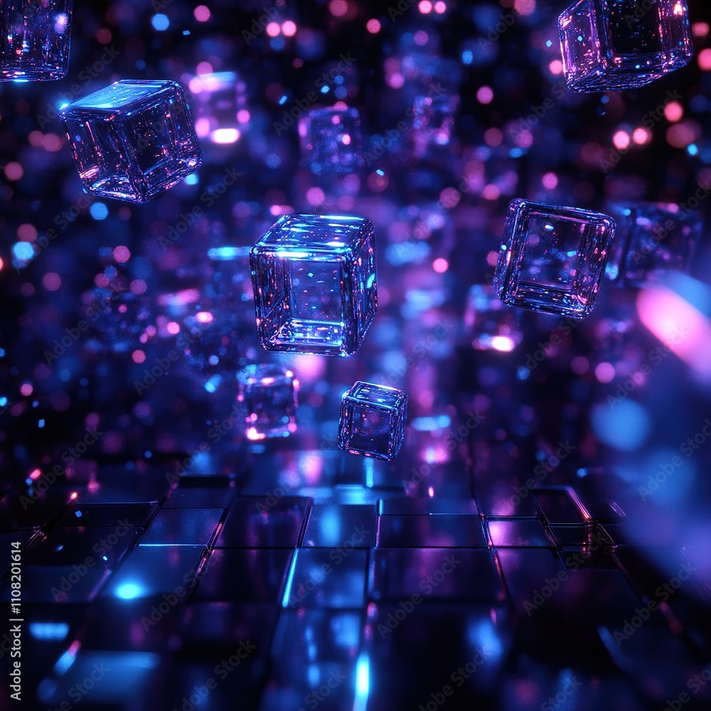 Poster floating colorful cubes in abstract digital space virtual environment 3d visualization futuristic co
