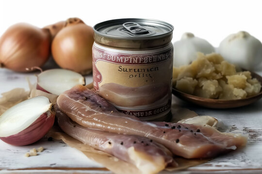 Traditional Surstr&ouml;mming can with rustic Swedish packaging on a wooden table