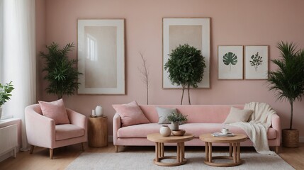 Fototapeta premium A modern living room with a pink colour fabric sofa against a soft colour wall featuring vertical poster frames in wooden frame borders 3d illustration template.