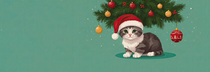 A British cat wearing a Santa Claus hat sits next to a Christmas tree on a green background