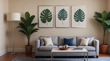 A modern living room with a sofa against a soft colour wall featuring vertical poster frames in wooden frame borders 3d illustration template.