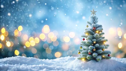 Empty white snow with blur Christmas tree with bokeh light background
