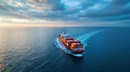 Colorful cargo ship navigating vast ocean at sunset under dramatic sky