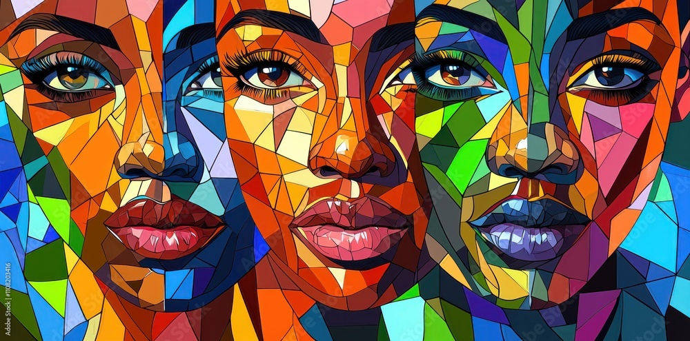 Poster colorful abstract portrait of three diverse women, showcasing unique features and vibrant geometric 