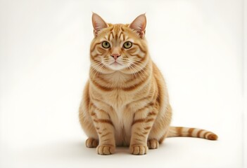 A cat with a yellow face is sitting on a white background. The cat has a very cute and friendly expression