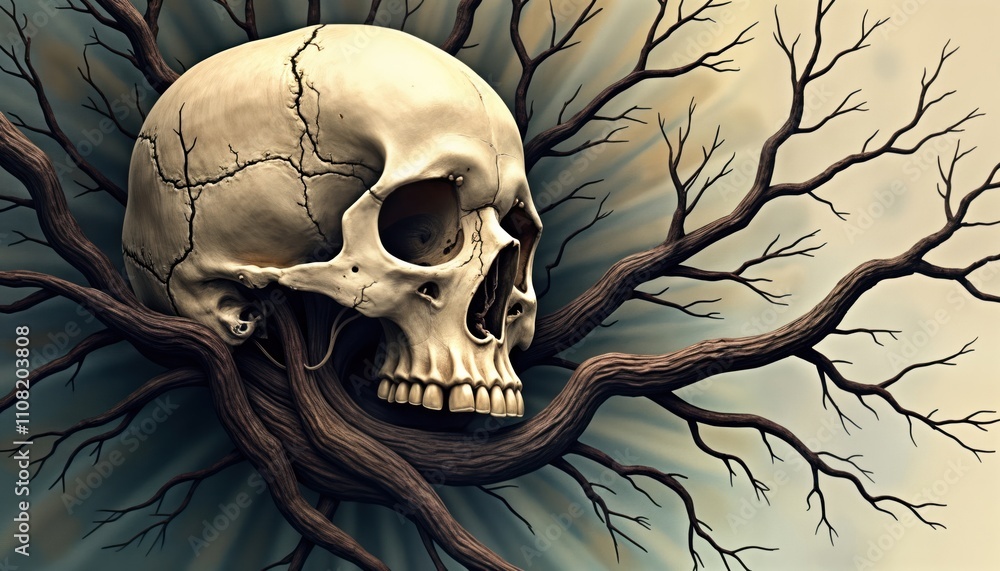 Poster abstract illustration of skull surrounded by tree branches. artistic depiction. skull positioned wit