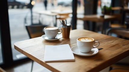 Coffee cups on a wooden table with a notepad in a cozy cafe setting during afternoon hours