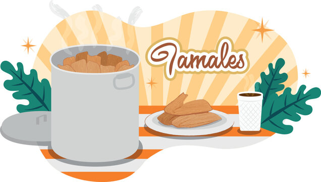 Ilustraci&oacute;n olla de tamales y vaso de unicel con caf&eacute; caliente. Puesto callejero M&eacute;xico