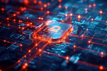 Digital circuit board with a glowing processor and interconnected lines.