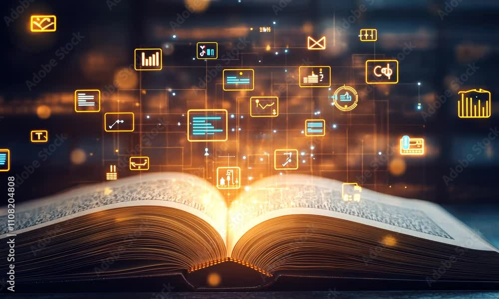 Poster digital knowledge: open book with glowing data icons