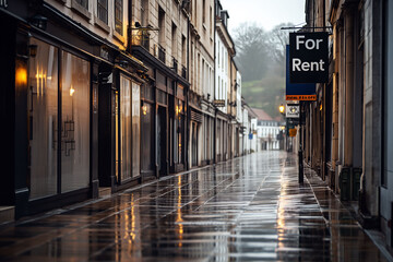 Fototapeta premium An empty street features multiple closed shops displaying for rent signs in their windows