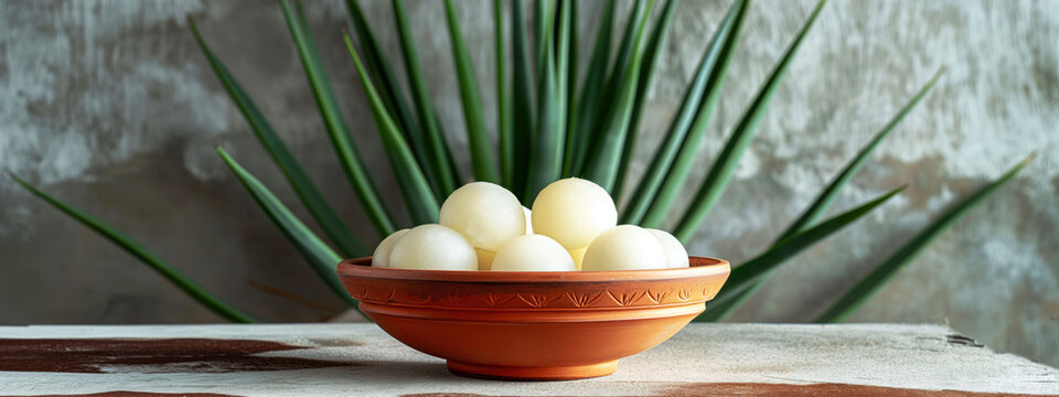 Delicious escamoles in a decorative bowl with agave leaves in a minimalist setting