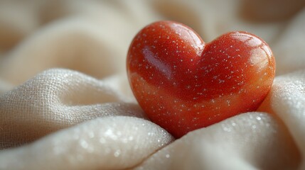 Fototapeta premium Closeup of a single realistic red heartshaped object resting on a soft lightcolored fabric emphasizing texture and detail
