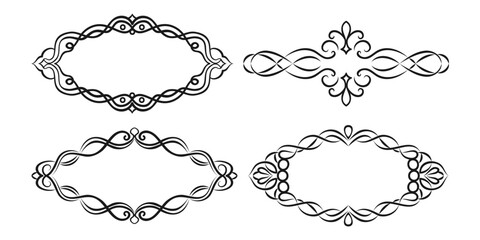 Collection of four black damask frames with swirls and ornament. Lace symmetrical vintage border, retro template. For use in invitations, greeting card, poster, and decorative design.
