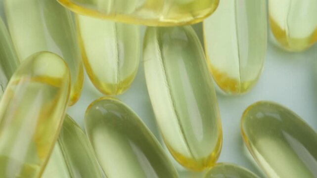 Detailed image of yellow gel capsules, often used for vitamins or supplements. The translucent capsules highlight their smooth surfaces and glossy texture, providing a modern, clean pharmaceutical fee