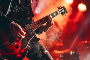 Obraz premium An electrifying live performance showcasing an exceptionally talented guitarist passionately in action