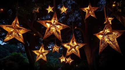 Maori New Year celebration. Decorative golden star lanterns hang from trees. Nighttime event. Artistic lighting design. Cultural event. Beautiful festive scene. Star shapes create warm glow.