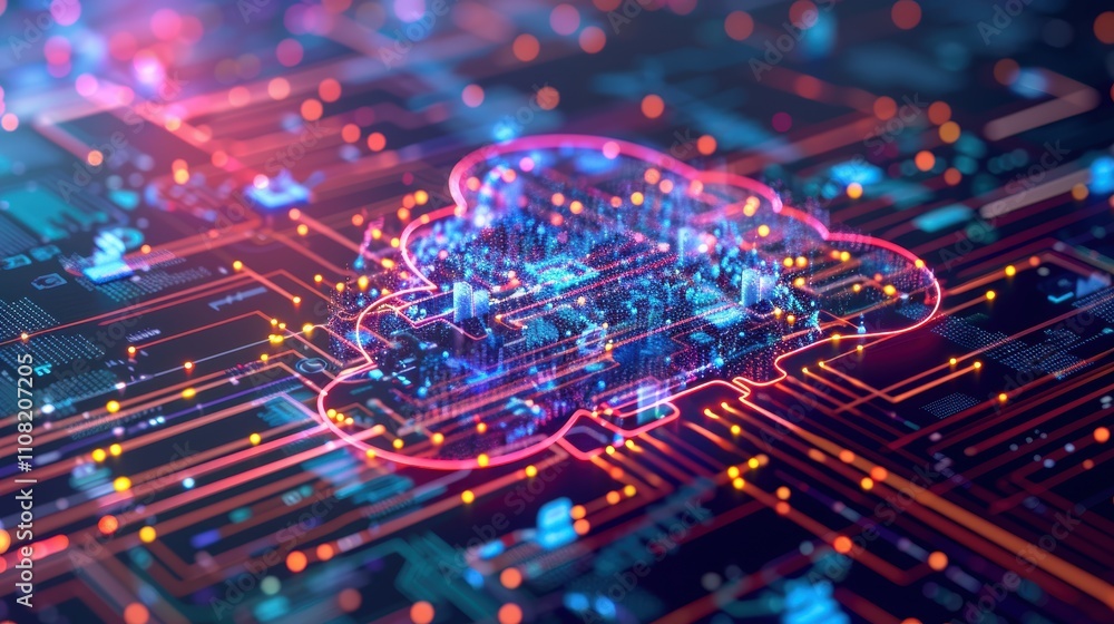 Aufkleber digital cloud network with vibrant circuitry and data connections.