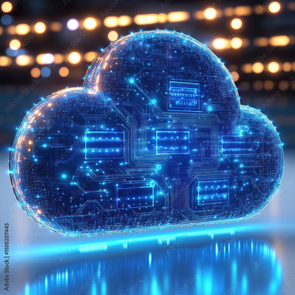 Aufkleber Futuristic cloud symbol with glowing circuits shows tech data storage. Cloud digital, glowing in blue. Tech innovation highlighted. Modern tech concept. Image for tech company data storage service.
