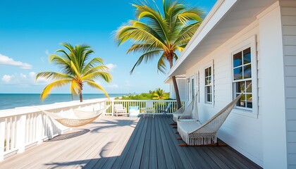 Fototapeta premium A picturesque beach bungalow wallpaper featuring bright white siding, a large deck with hammocks, and palm trees swaying in the breeze, embodying the laid-back coastal lifestyle of Key West, Florida.