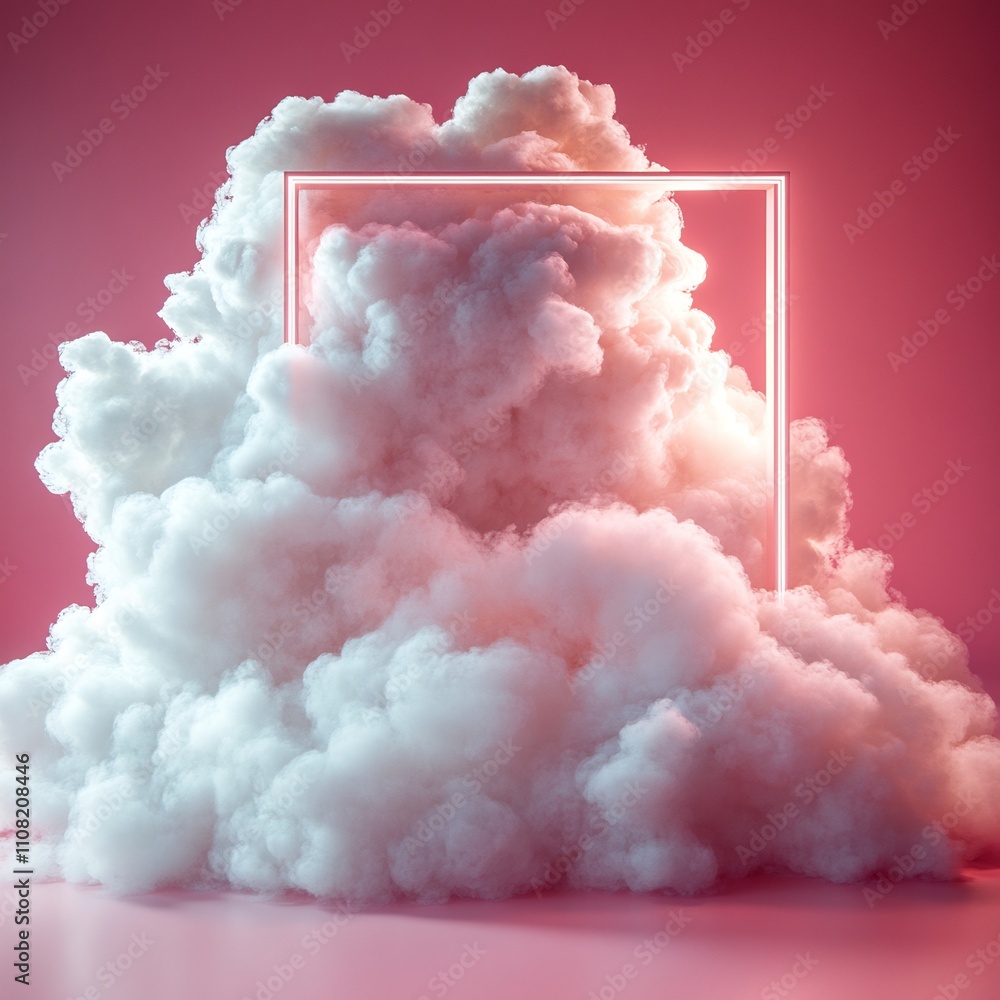Poster fluffy white cloud 3d render isolated pink background dust or mist object inside square frame