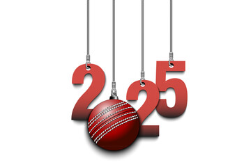 Numbers 2025 and cricket ball as a Christmas decorations are hanging on strings. New Year 2025 are hang on cords. Template design for greeting card. Vector illustration on isolated background