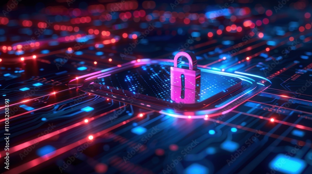 Poster digital lock symbolizing cybersecurity on a circuit board background.