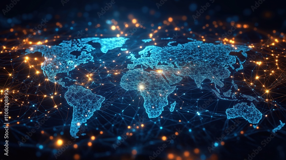 Aufkleber Global digital network connecting world. International digital tech conference promoting GDP enhancement. World map with glowing points showing digital connections. Illustration shows global