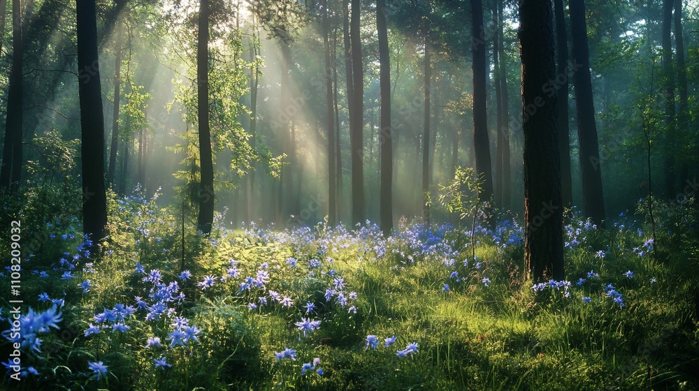 Poster sunbeams filtering through trees illuminating bluebells in magical forest