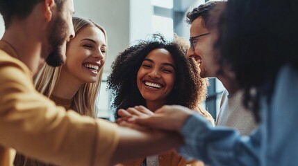 Obraz premium Happy diverse teammates joining hands, celebrating corporate success in office