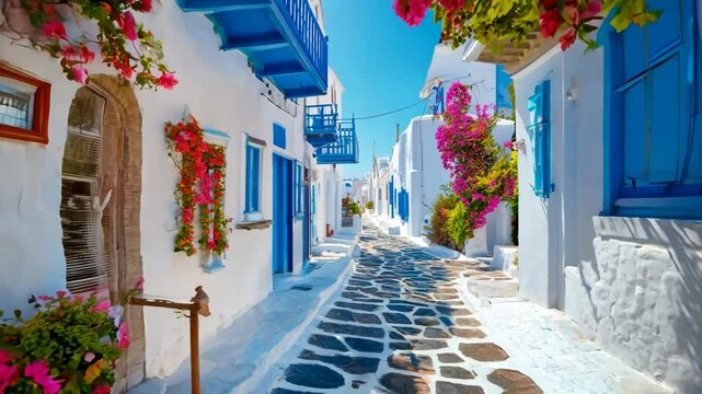 Picturesque narrow blue and white cobble street and traditional Greek houses in Mykonos Island Greece : Generative AI 4K Video