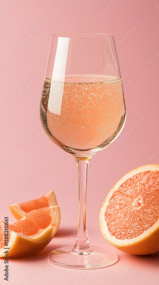 Poster refreshing sparkling drink with grapefruit slices on a pink background