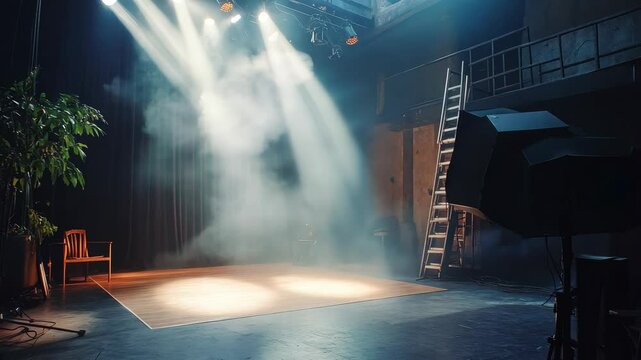 Lighting ramp with powerful spotlights for creating artificial lighting when working in the theater, film studio 4K Video